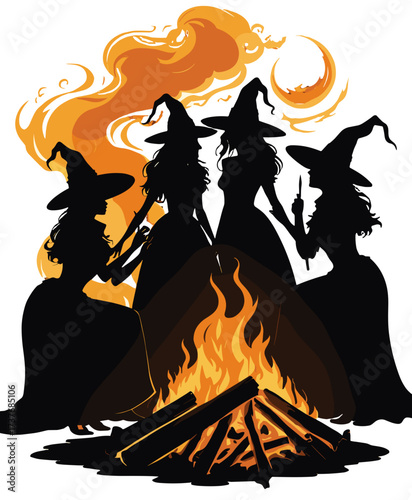 Silhouette of witches around a fire, magical atmosphere, vibrant flames, group gathering, black and orange colors, copy space
