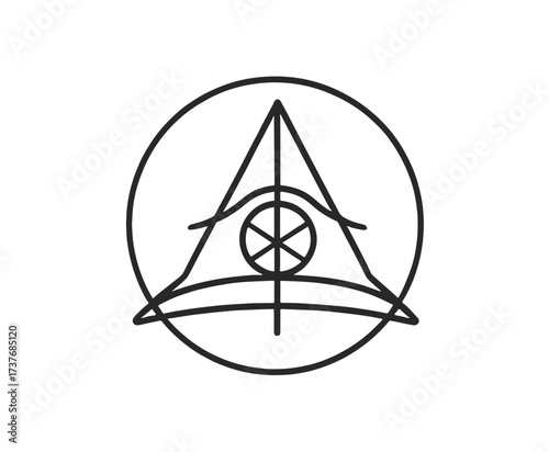 Geometric witchcraft symbol, minimalist design, black lines on white background, circular frame, copy space