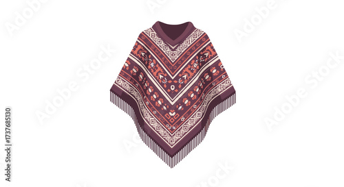 Traditional poncho with geometric and floral patterns on white background
