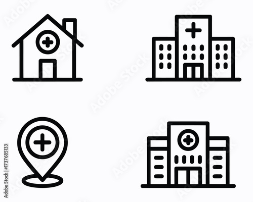 Collection of Hospital and Medical Icons Health Care Facilities Emergency Services and Location Pointers Symbolizing Access and Treatment Available for Patients