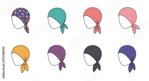 Stylish colorful headscarves set with patterns and plain designs