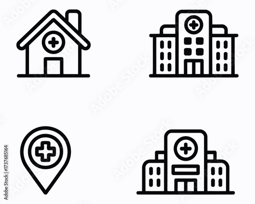 Collection of Medical Icons Depicting Various Healthcare Facilities Represented through Line Art for Hospital, Clinic, Location, and Home Healthcare