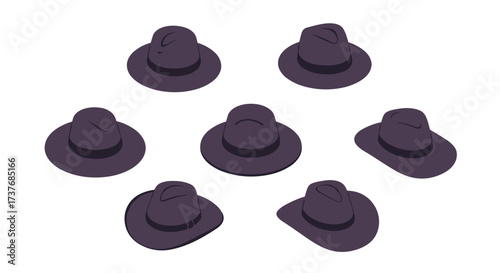 Stylish wide brim hats in various angles on white background