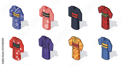 Colorful isometric kimono collection showcasing traditional japanese fashion