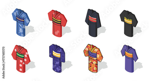 Colorful isometric kimono collection on white background