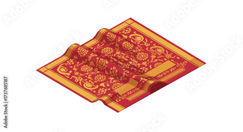 Ornate isometric prayer rug with intricate islamic motifs in red and gold
