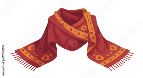 Elegant floral shawl with ornate patterns and tassels on white background