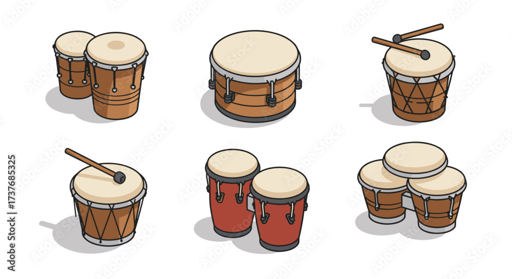 Collection of hand-drawn traditional drums set with percussion instruments