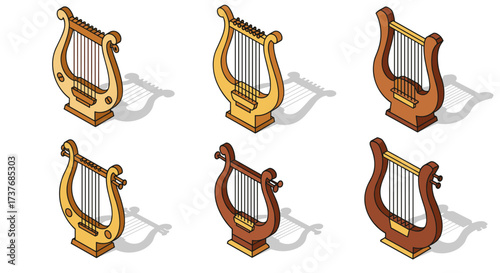 Isometric ancient lyre collection: musical instruments with shadows