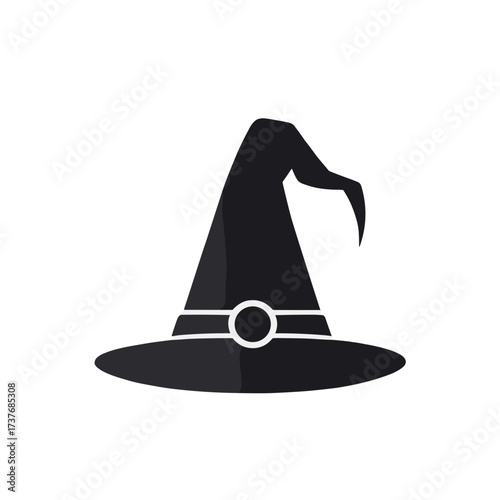 Black witch hat silhouette, simple design, iconic shape, minimalistic style, white background, copy space