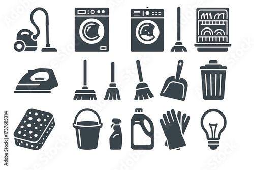 Household cleaning equipment icons - vacuum, washer, mop, dishwasher, trash bin, light bulb