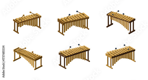 Set of isometric xylophones with mallets in various arrangements on white background