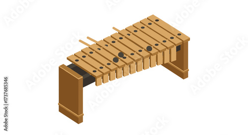 Isometric wooden xylophone with mallets on white background