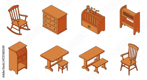 Rustic isometric wooden furniture collection featuring vintage designs