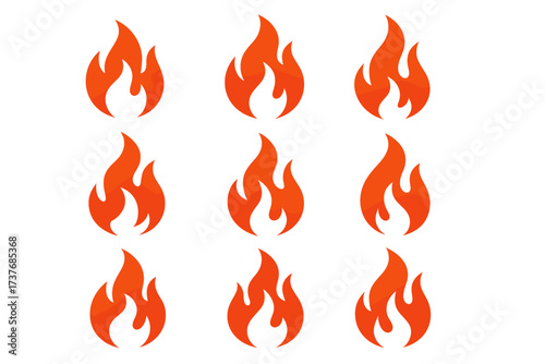 Set of nine red flame icons representing fire and heat concepts