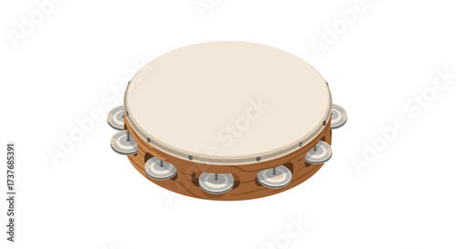 Realistic tambourine on white background with wooden frame and metal jingles