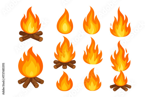 Nine cartoon fire and campfire icon set with bright flames