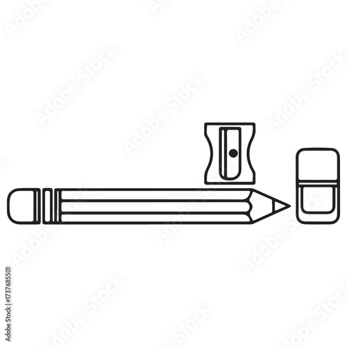 Outline Illustration of Essential Stationery Items: Pencil, Sharpener, and Eraser
