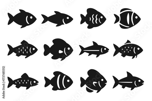 Collection of fish silhouettes: diverse marine life icons in black and white