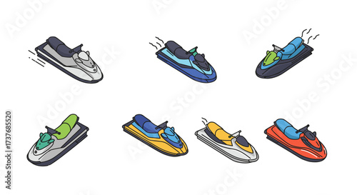 Colorful isometric jet skis set moving on white background