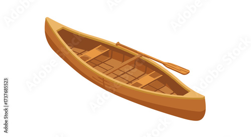 Realistic wooden canoe with paddle on white background