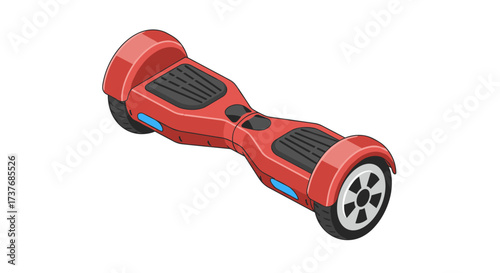 Red hoverboard on white background: modern personal transportation in digital artwork