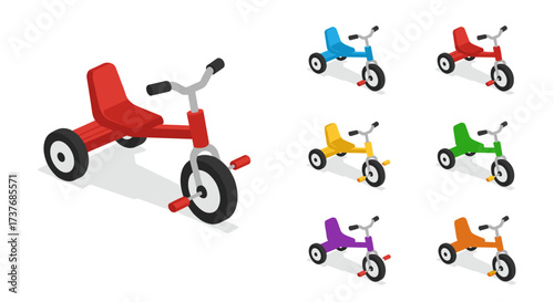 Colorful isometric tricycle set: playful variations for kids’ fun and adventure