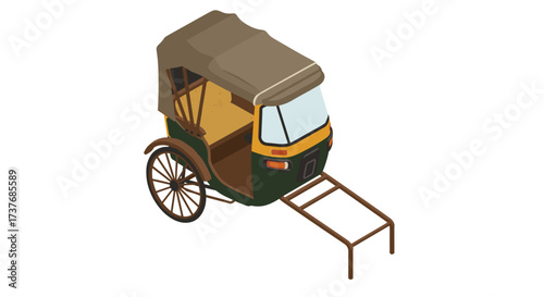 Isometric rickshaw design with brown canopy and wooden accents