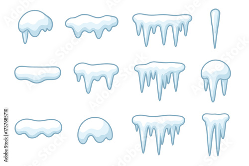 Various types of snow and ice caps, icicles, and frozen formations collection