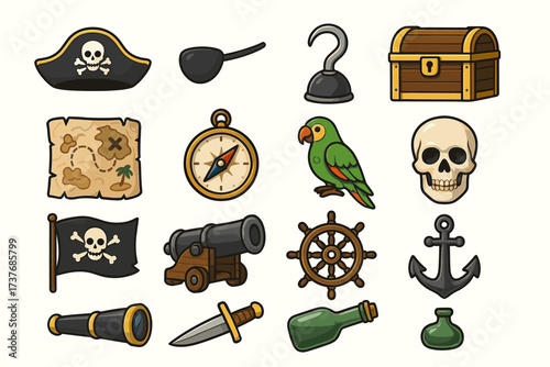 Colorful pirate icons including map, parrot, and skull