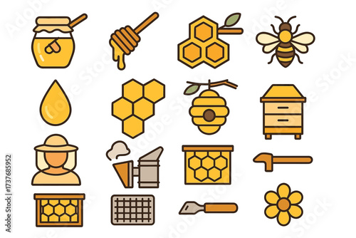 Beehive icons: honey, bees, hives, tools, and equipment in colorful illustrations