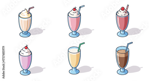 Isometric milkshake collection: variety of delicious flavors in stylish glasses