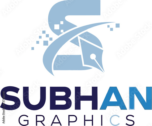 Creative S logo with pen nib and digital pixels, symbolizing design and innovation