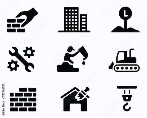 Construction Site Icons Depicting Diverse Activities from Building and Demolition to Earthmoving and Repair Providing a Clear Visual Guide