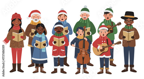 Diverse group of carolers singing and playing instruments.