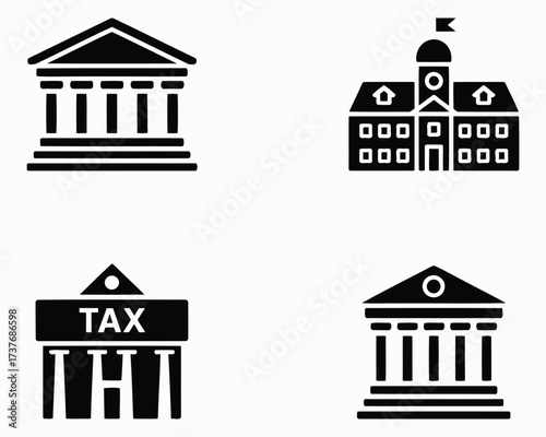 Array of Pictograms Featuring Buildings Depicting Financial, Educational, and Governmental Institutions with Simple Shapes and Designs in Dark Black and White