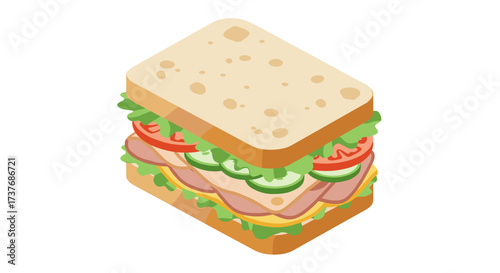 Isometric sandwich with layers of fresh vegetables and meat