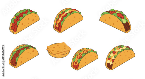 Colorful collection of tacos and quesadilla with various toppings