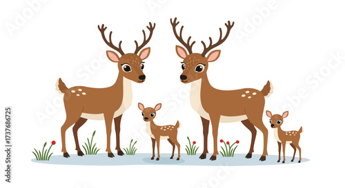 Cute cartoon deer family with fawns in a forest clearing.