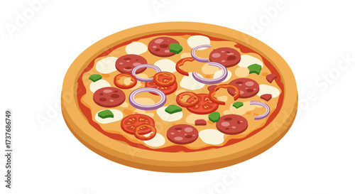 Delicious pepperoni pizza with onions and peppers in flat art style