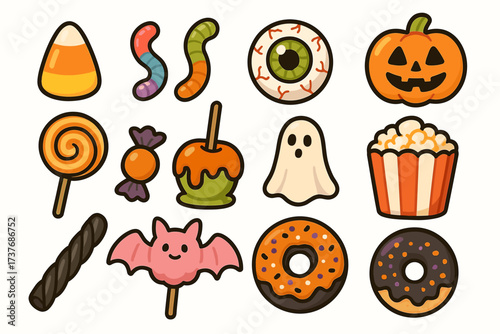 Colorful halloween treats and icons: candy, ghost, pumpkin, bat, eye