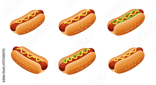 Realistic hot dog collection with toppings and mustard variations