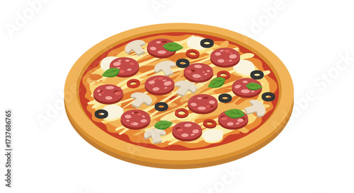 Delicious pizza with toppings in flat design on a white background