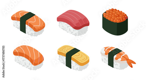 Variety of delicious sushi pieces in isometric style