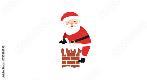 Cartoon Santa Claus peeking from snowy brick chimney Christmas illustration.