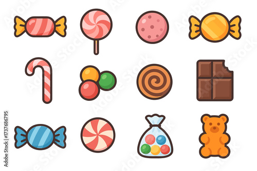 Assortment of cartoon candy icons: lollipop, chocolate, gummy bear, and more