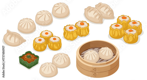 Assorted dim sum collection with steamed bao bun dumplings and bamboo steamer