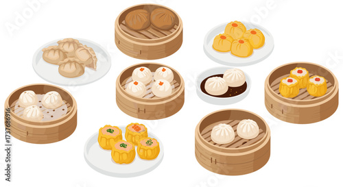 Isometric chinese dim sum variety in bamboo steamers and plates on white background
