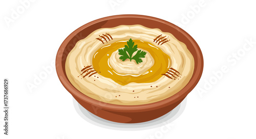 Creamy hummus in a clay bowl with olive oil and parsley topping