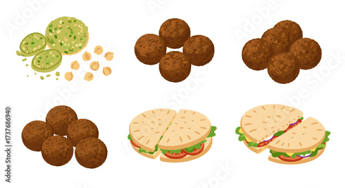Delicious falafel and hummus collection with fresh pita bread on white background